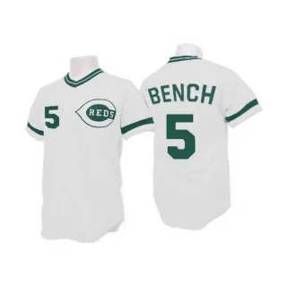Men's Authentic White Johnny Bench Cincinnati Reds (Green Patch) Throwback Jersey