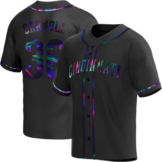 Men's Replica Black Holographic Clay Carroll Cincinnati Reds Alternate Jersey