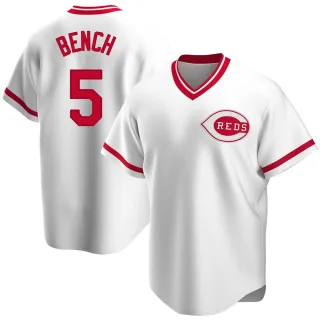 Men's Replica White Johnny Bench Cincinnati Reds Home Cooperstown Collection Jersey