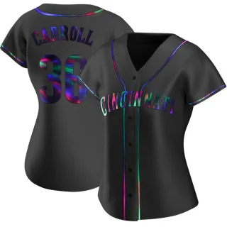 Women's Replica Black Holographic Clay Carroll Cincinnati Reds Alternate Jersey